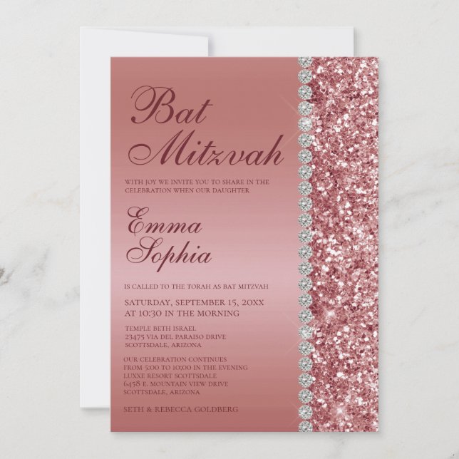 Invitation Bar Mitzvah pailleté or rose (Devant)