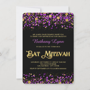 Invitation Bar Mitzvah pailletée violet et or