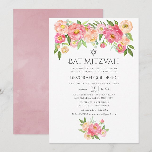 Invitation Bar Mitzvah Pastel en aquarelle de pivoines (Devant / Derrière)
