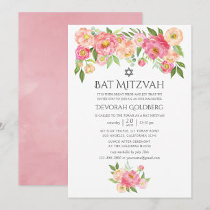 Invitation Bar Mitzvah Pastel en aquarelle de pivoines