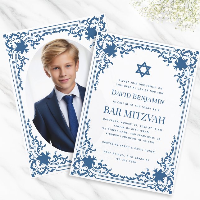 Invitation Bar Mitzvah Photo Bleu Blanc Vintage Étoile de Dav (Créateur téléchargé)