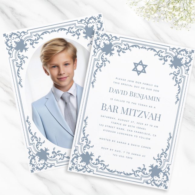 Invitation Bar Mitzvah Photo Bleu Poussiéreux Vintage Étoile  (Créateur téléchargé)