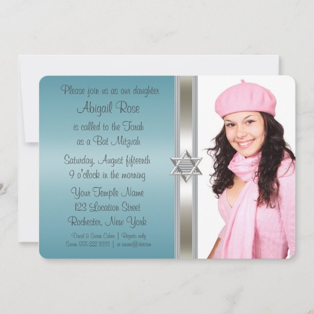 Invitation Bar Mitzvah photo bleu sarcelle (Devant)