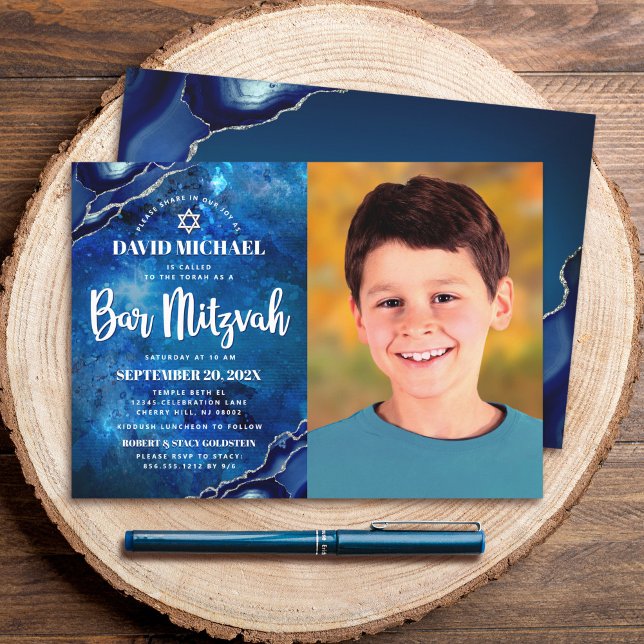 Invitation Bar Mitzvah Photo Blue Galaxy Aquarelle Agate (Créateur téléchargé)