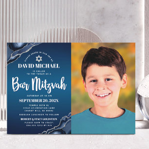 Invitation Bar Mitzvah Photo Navy Blue Ombre Agate Script