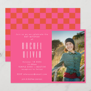Invitation Bar Mitzvah Photo rétro rose chaud rouge damier