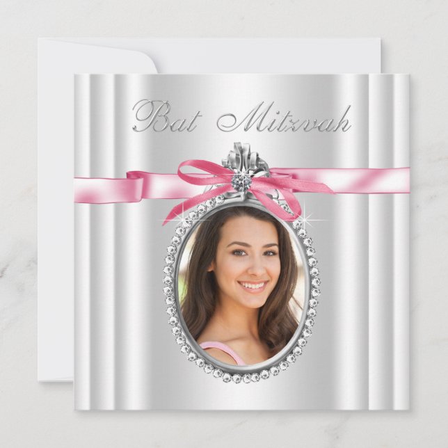 Invitation Bar Mitzvah photo rose et blanche (Devant)