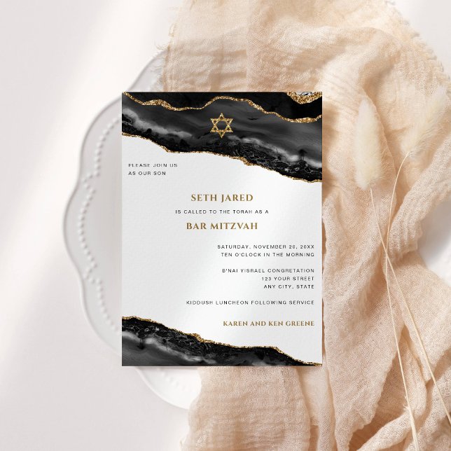 Invitation Bar Mitzvah Porte Noir et Or Bordure moderne (Black Agate with Gold Glitter Accents Bar Mitzvah Invitation)