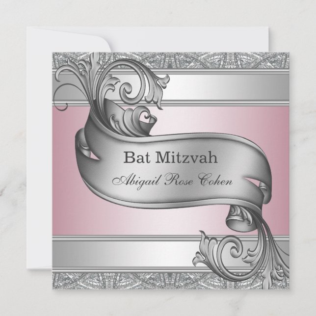 Invitation Bar Mitzvah rose argenté (Devant)