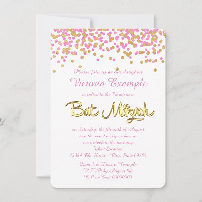 Invitation Bar Mitzvah rose et or à confettis (Devant)