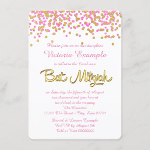 Invitation Bar Mitzvah rose et or à confettis