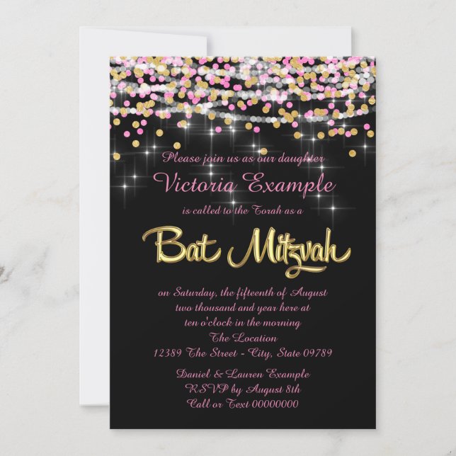 Invitation Bar Mitzvah rose et or à confettis (Devant)