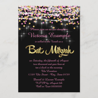 Invitation Bar Mitzvah rose et or à confettis