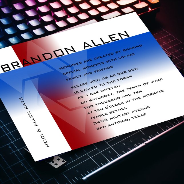 Invitation Bar Mitzvah Rouge et bleu sur n'importe quelle cou (Créateur téléchargé)