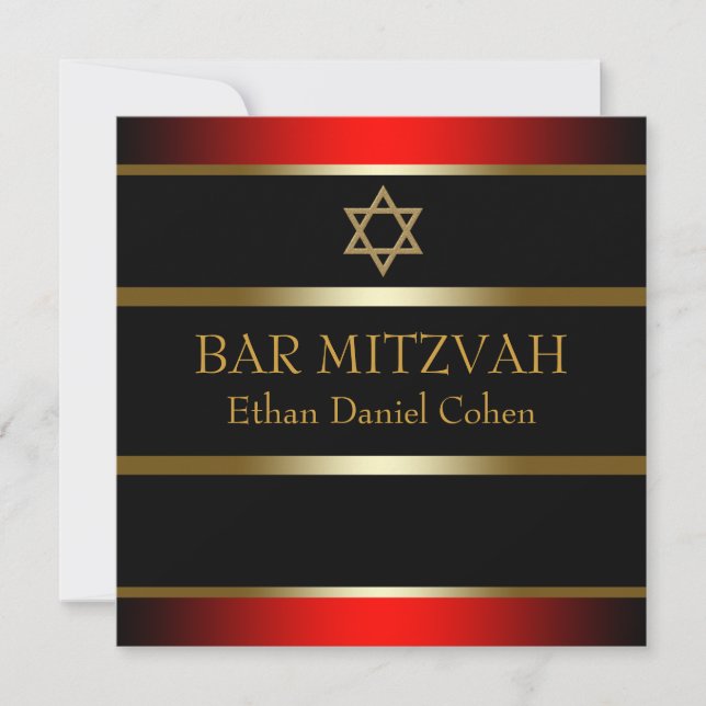 Invitation Bar Mitzvah Rouge Noir Or (Devant)