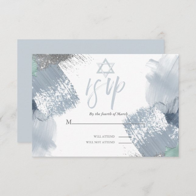Invitation Bar Mitzvah RSVP Dusty Blue Chic Brushstrokies (Devant / Derrière)