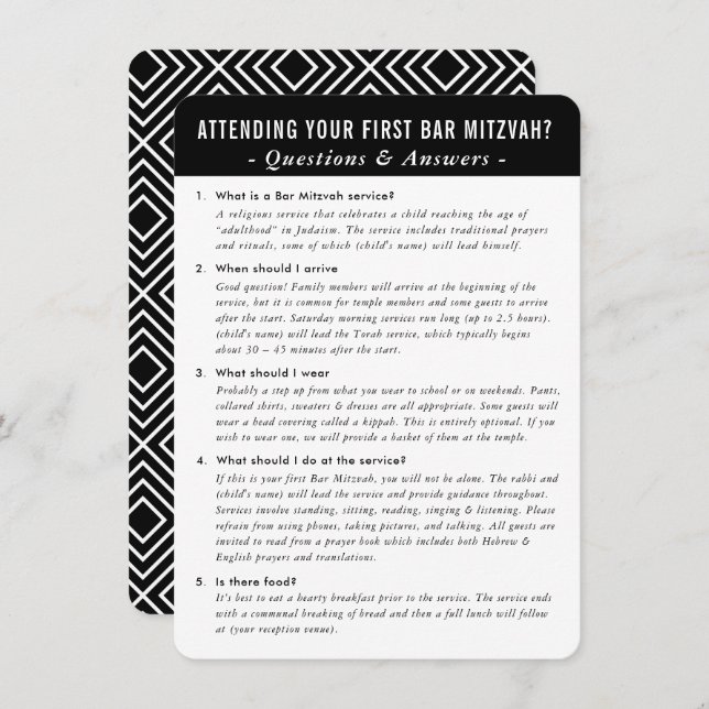 Invitation BAR MITZVAH service question et réponse conseils (Devant / Derrière)