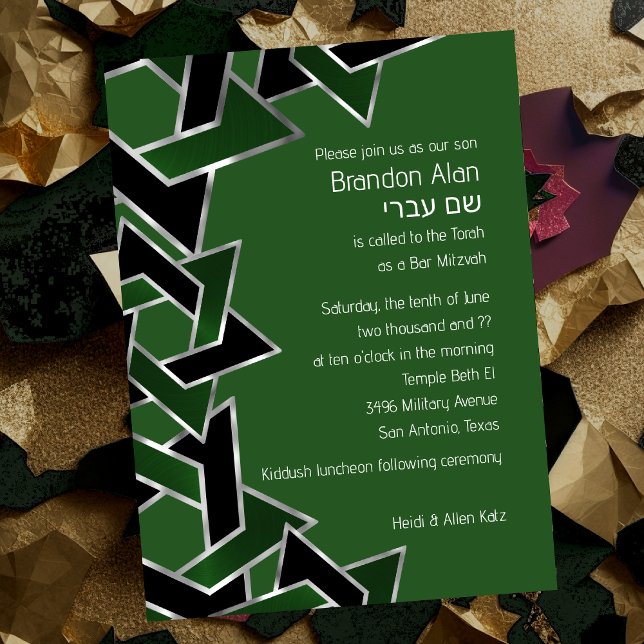 Invitation Bar Mitzvah Silver Green Black Star de David (Créateur téléchargé)