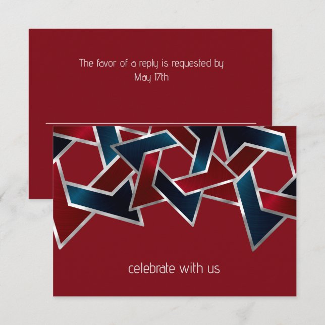 Invitation Bar Mitzvah Silver Navy Blue Red Star de David (Devant / Derrière)