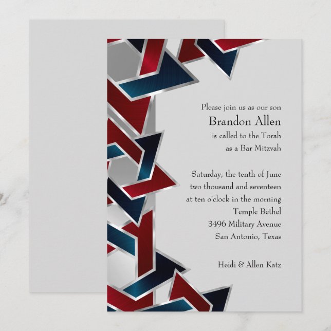 Invitation Bar Mitzvah Silver Navy Blue Red Star de David (Devant / Derrière)