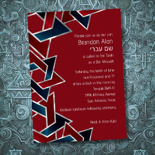 Invitation Bar Mitzvah Silver Navy Blue Red Star de David