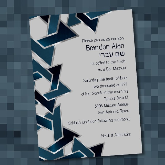 Invitation Bar Mitzvah Silver Teal Navy Blue Star of David (Créateur téléchargé)