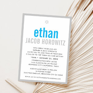 Invitation BAR MITZVAH simple étoile moderne nom aqua bleu gr