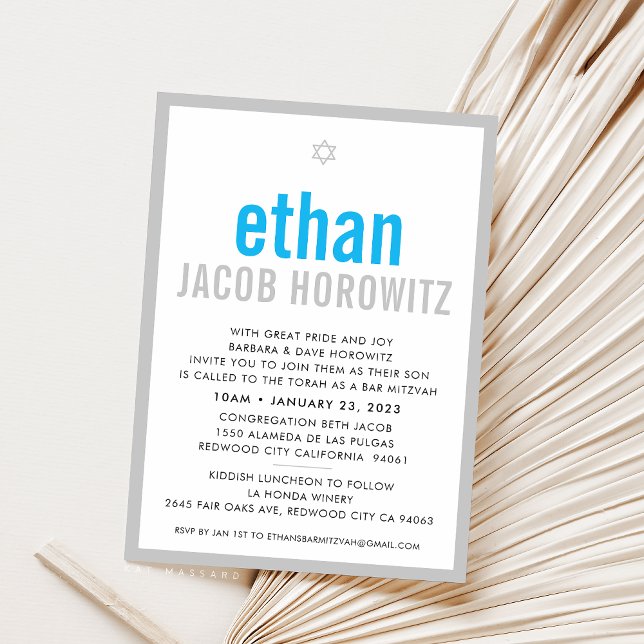 Invitation BAR MITZVAH simple étoile moderne nom aqua bleu gr (Créateur téléchargé)