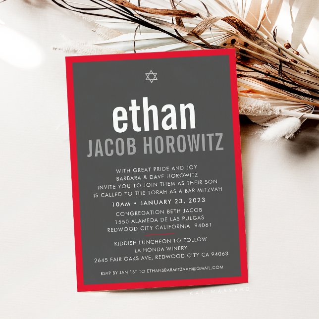 Invitation BAR MITZVAH simple étoile moderne nom gris rouge (Créateur téléchargé)