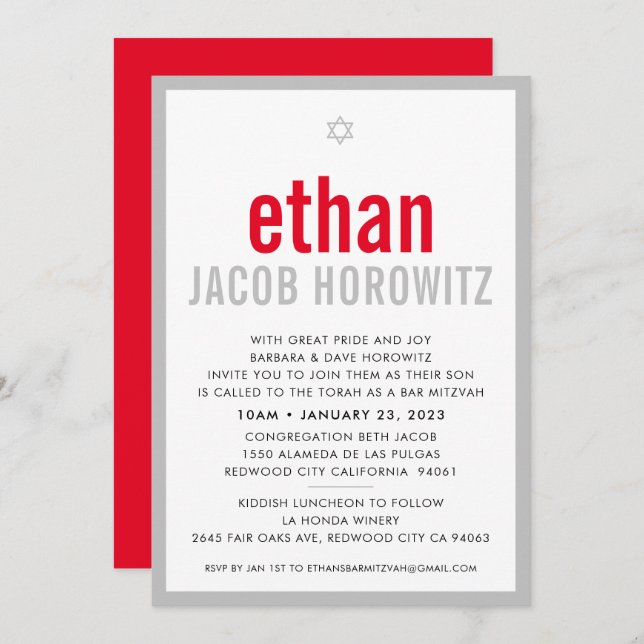 Invitation BAR MITZVAH simple étoile moderne nom rouge gris (Devant / Derrière)