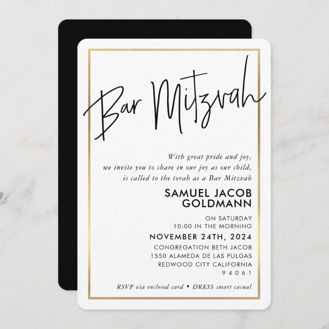 Invitation BAR MITZVAH simple minima moderne cadre en or noir (Devant / Derrière)