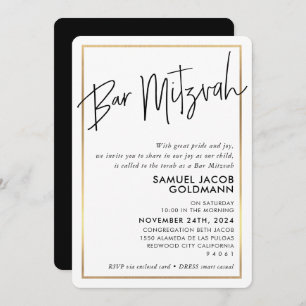 Invitation BAR MITZVAH simple minima moderne cadre en or noir