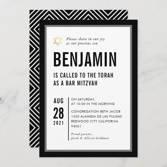 Invitation BAR MITZVAH simple modern typography black white (Devant / Derrière)