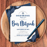 Invitation Bar Mitzvah Simple Moderne Marine Bleu Agate Scrip<br><div class="desc">Soyez fier, réjouissez-vous et présentez cette étape importante de votre Bar Mitzvah préféré ! Envoyer cette invitation cool, unique, moderne, personnalisée pour un événement à retenir. La typographie en écriture bleu marine et l'étoile de David superposent un arrière - plan simple et blanc avec agate en acier bleu accentué de...</div>