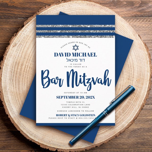 Invitation Bar Mitzvah Simple Moderne Talit Bleu Marine Scrip (Créateur téléchargé)