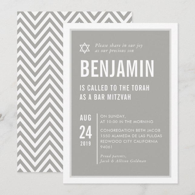 Invitation BAR MITZVAH simple typographie moderne gris blanc (Devant / Derrière)