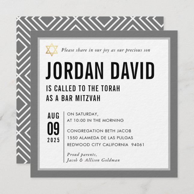 Invitation BAR MITZVAH simple typographie moderne gris gris (Devant / Derrière)