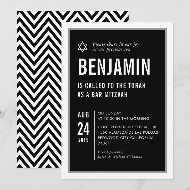 Invitation BAR MITZVAH simple typographie moderne noir blanc (Devant / Derrière)
