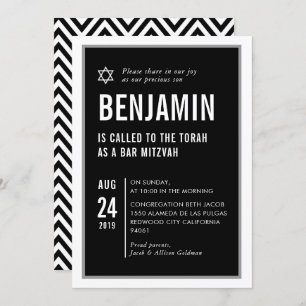 Invitation BAR MITZVAH simple typographie moderne noir blanc
