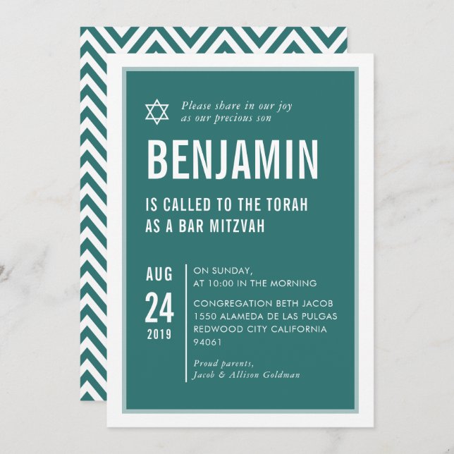 Invitation BAR MITZVAH simple typographie moderne vert blanc (Devant / Derrière)