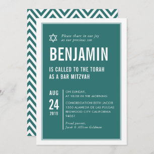 Invitation BAR MITZVAH simple typographie moderne vert blanc