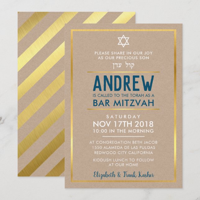 Invitation BAR MITZVAH smart bold type or kraft bleu (Devant / Derrière)