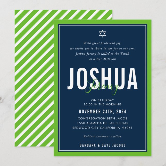 Invitation BAR MITZVAH sport moderne garçon nfl green marine  (Devant / Derrière)