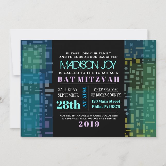 Invitation Bar Mitzvah & SQUARES ÉTOILES FILANTES (Devant)