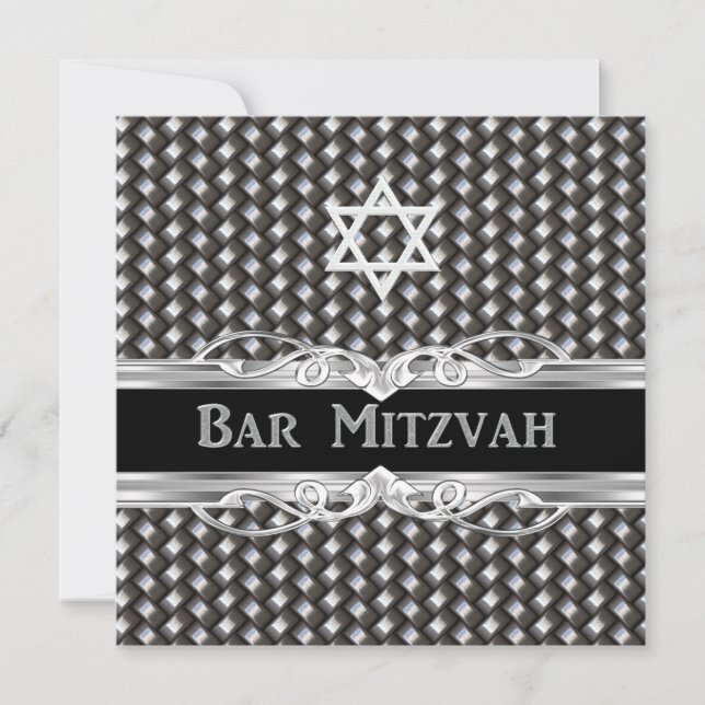 Invitation Bar Mitzvah Star Black Silver Metal garçon mâle (Devant)