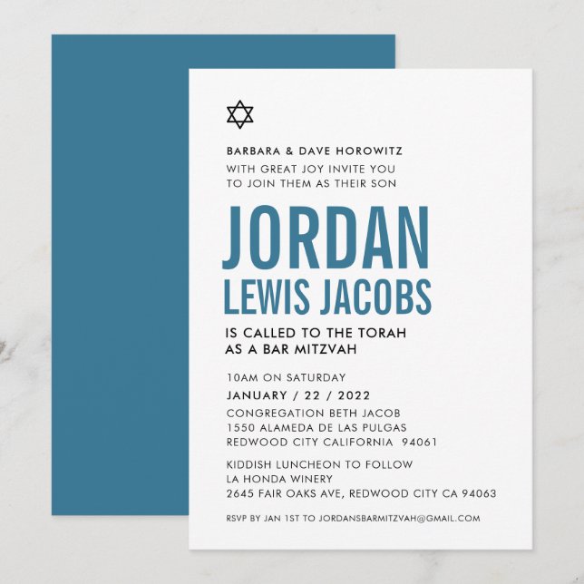 Invitation BAR MITZVAH star boy moderne simple denim bleu (Devant / Derrière)