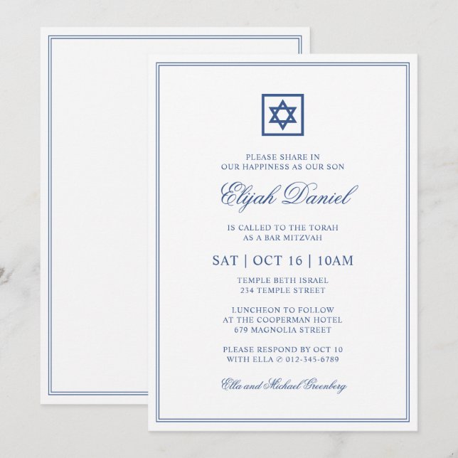 Invitation Bar Mitzvah Star de David Elegant Classic Blue (Devant / Derrière)