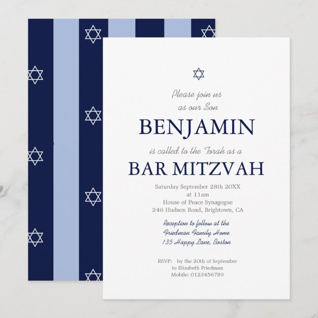 Invitation Bar Mitzvah Star de David Jewish Blue Stripe Invi (Devant / Derrière)