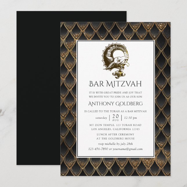 Invitation Bar Mitzvah sur le thème du dragon noir et or (Devant / Derrière)