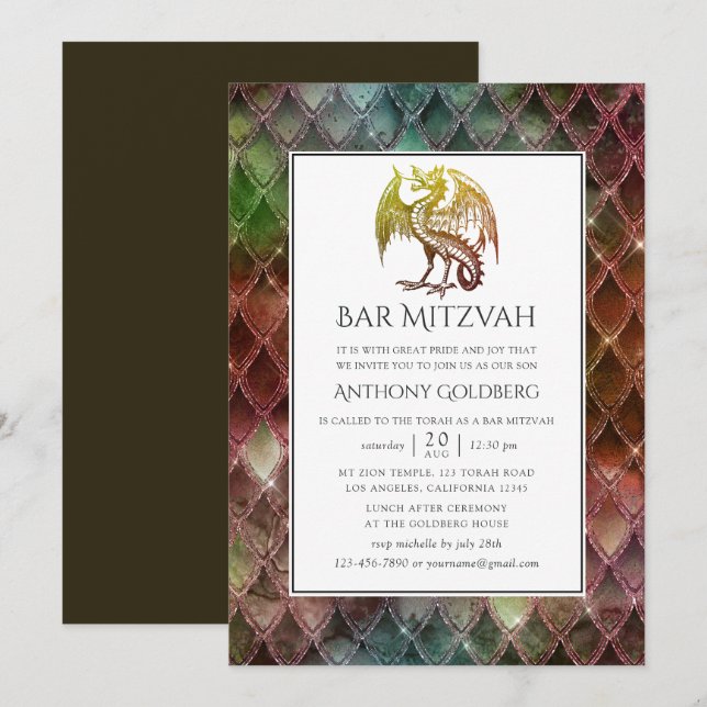 Invitation Bar Mitzvah sur le thème du faux dragon pailleté (Devant / Derrière)